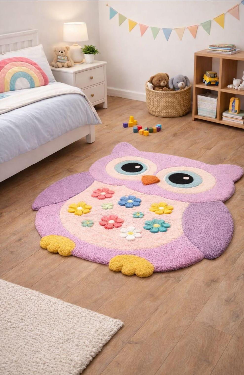 Hand Tufted Wool Owl Rug, Floral Nursery Carpet, Girls Bedroom Decor