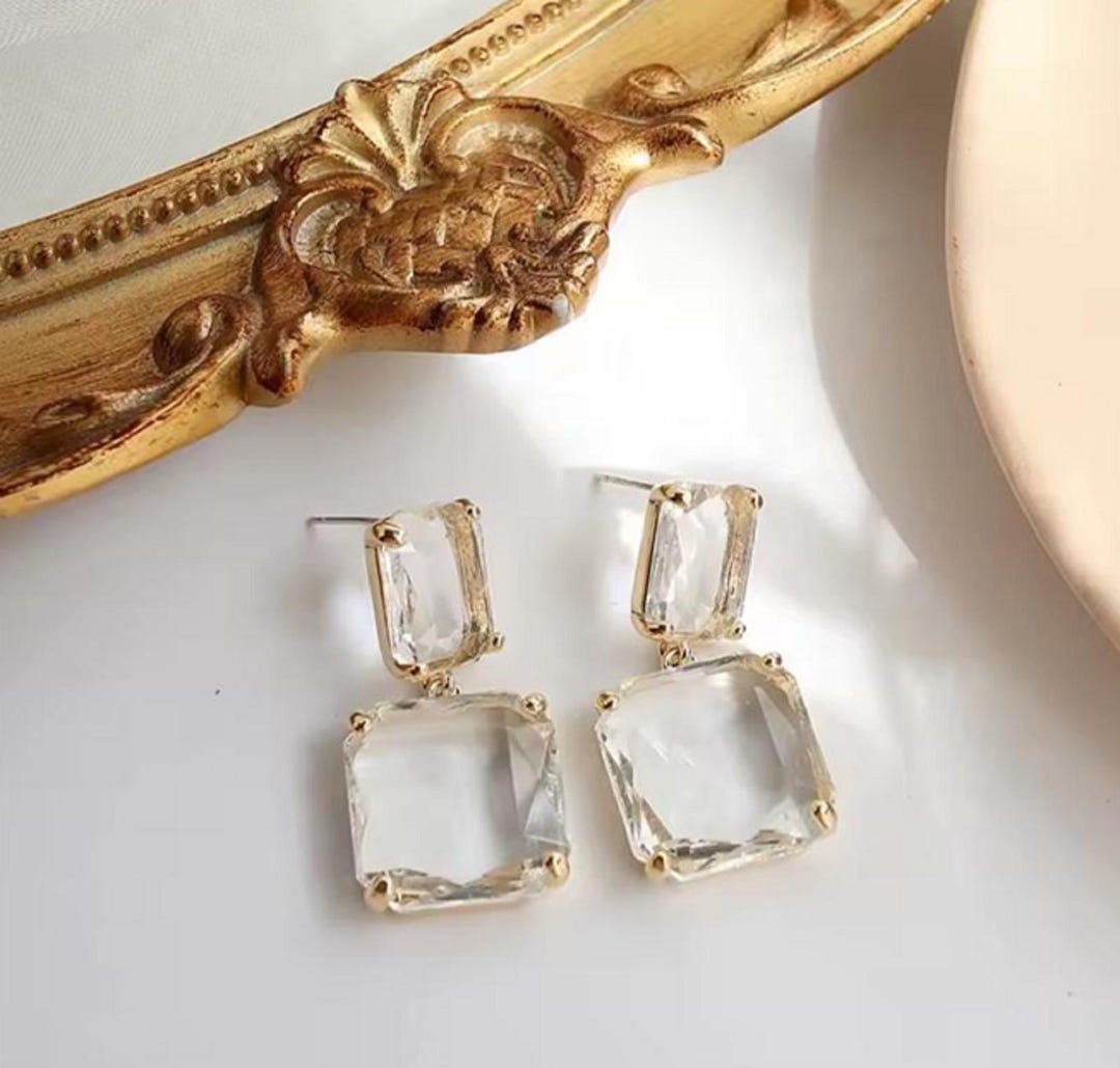 Vintage Golden Elegant Square Transparent Earrings - Etsy