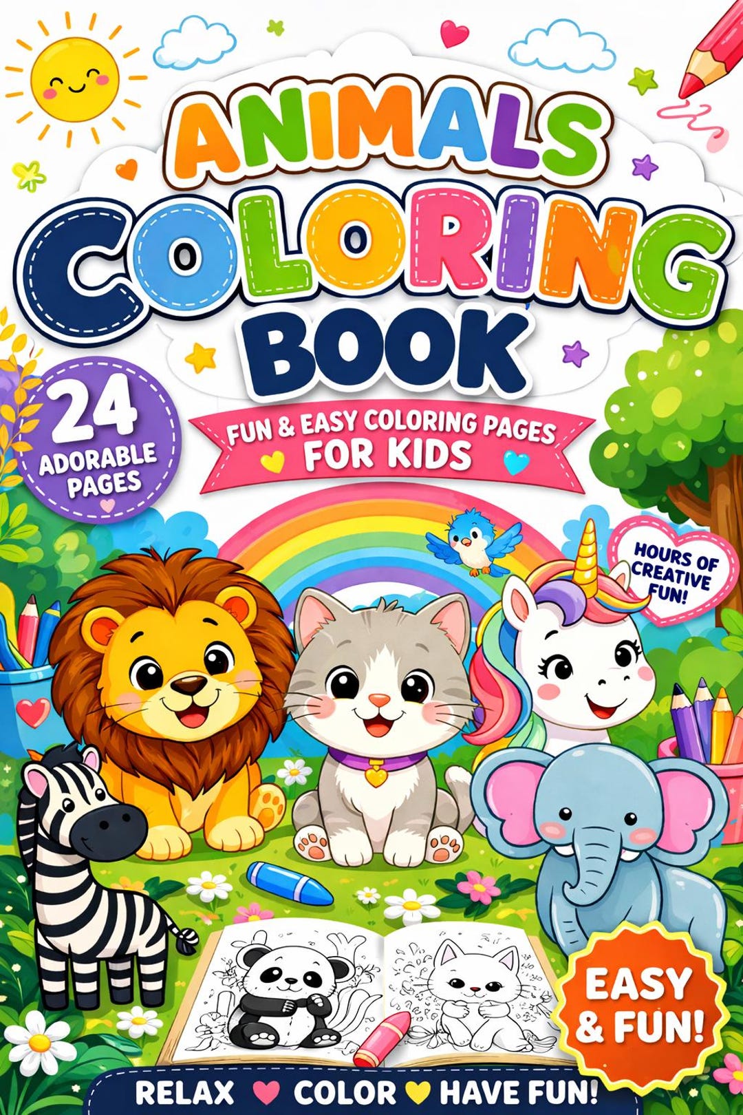 Cute Animals Coloring Book for Kids 24 Pages Printable Coloring Pages ...