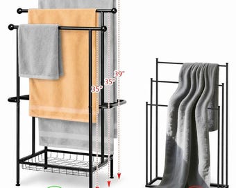 Bathroom Towel Rack 3 Tier Floor Stand with Basket | Space Saving Organizer | Modern Storage Shelf | Towel Holder for Bathroom