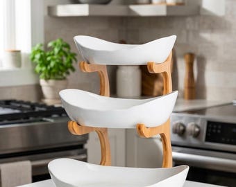 Tiered Fruit Bowl | Natural Wood Kitchen Organizer, Modern Display Rack,Wooden Fruit Bowl Stand | 3 Tiered Kitchen Organizer