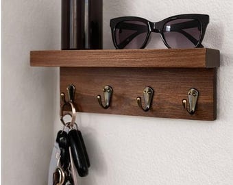 Minimalist Wooden Key Holder Shelf with Hooks  Modern Rustic Wall Organizer Wooden Wall Mounted Key Holder With Premium Hooks and Storage