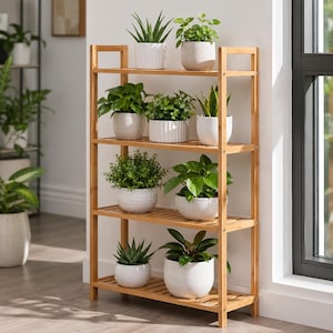 May include: A bamboo plant stand with four shelves, each holding a variety of potted plants. The plants are in white ceramic pots. The stand is made of light brown bamboo and is positioned near a window.