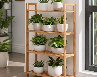 Heavy Duty 4 Tier Bamboo Shelf Organizer | Wooden Storage Rack | Plant Stand | Bookcase | Bathroom Kitchen Organizer Unit