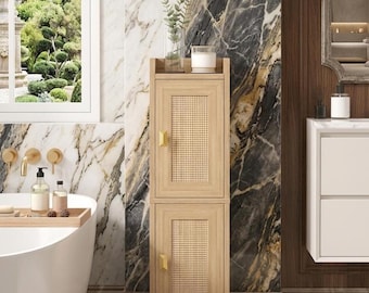 Narrow Rattan Bathroom Storage Cabinet With 2 Doors and Adjustable Shelves - Slim Oak Finish  bathroom shelves Freestanding Linen Cabinet