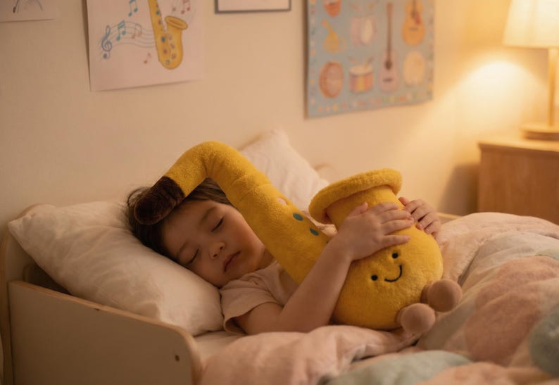 May include: A child asleep in bed, cuddling a large, yellow plush saxophone toy. The toy has a brown mouthpiece and green accents. The child is nestled under a blanket, with musical art on the wall.