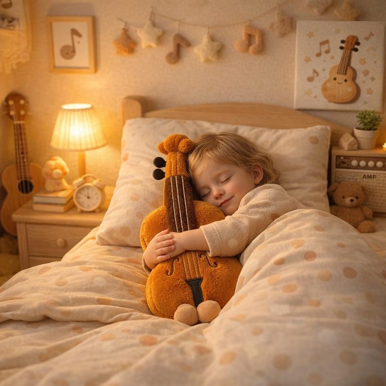 May include: A child asleep in bed, hugging a plush violin pillow. The room is softly lit with a lamp and decorated with musical notes and a small guitar. The bed has a patterned comforter and pillow.