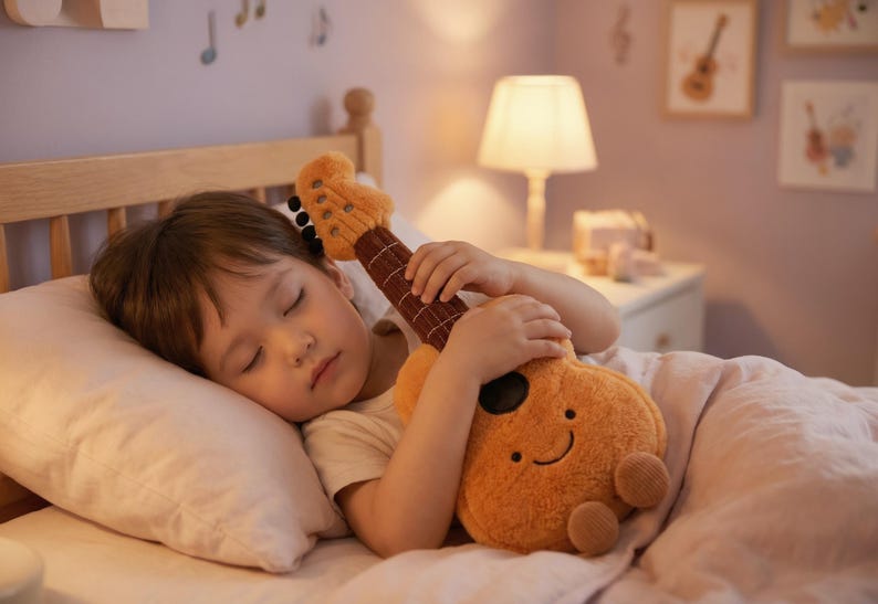 May include: A child asleep in bed, cuddling a plush orange ukulele toy. The toy has a smiling face and brown details. The scene is lit by a bedside lamp, with musical notes and framed art on the wall.