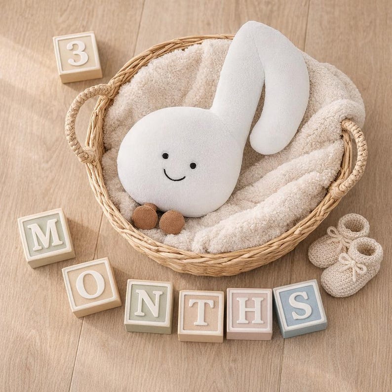May include: A white plush musical note with a smiling face rests in a woven basket lined with a soft blanket. Wooden blocks spell out "MONTHS" and a block with the number "3" is visible. A pair of small, knitted baby booties are also present.