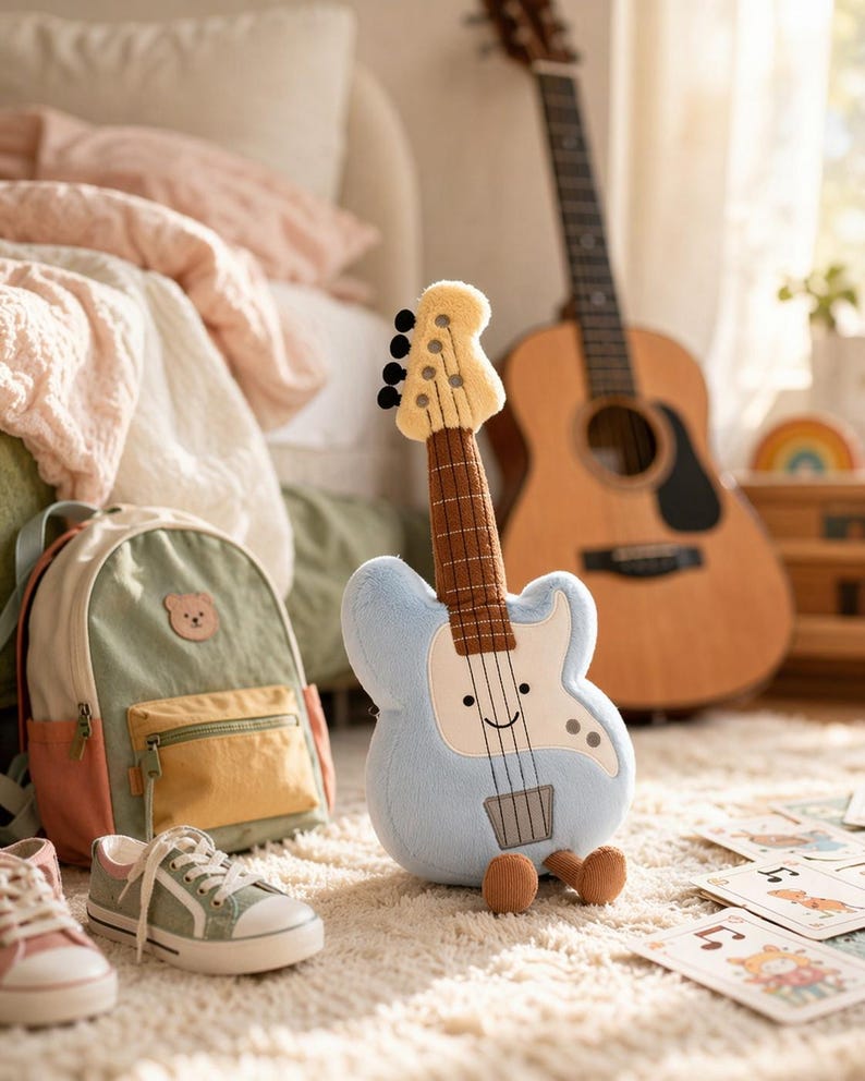 May include: A plush blue guitar with a smiling face and brown details sits on a fluffy white rug. A green and peach backpack, sneakers, and a wooden acoustic guitar are in the background. Sheet music is scattered on the rug.