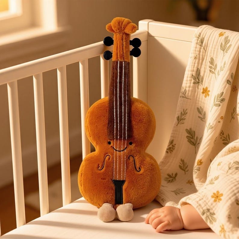 May include: A plush, orange violin-shaped toy with a smiling face, black tuning pegs, and beige feet. The toy is resting on a white crib, with a floral-patterned blanket nearby. The toy is designed for babies and toddlers.