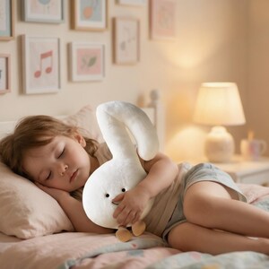 May include: A young child asleep in bed, cuddling a white plush bunny. The bunny has a long, curved ear and small brown feet. The bed has a pink pillow and a patterned blanket. Soft lighting and framed artwork create a cozy bedroom scene.
