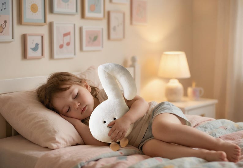 May include: A young child asleep in bed, cuddling a white plush bunny. The bunny has a long, curved ear and small brown feet. The bed has a pink pillow and a patterned blanket. Soft lighting and framed artwork create a cozy bedroom scene.