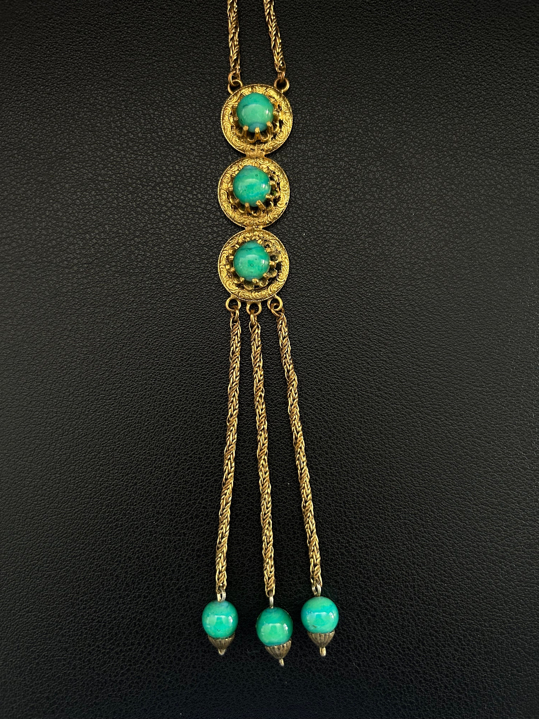 Collier Sautoir Vintage Doré Avec Perles De Verre Irisées - Occasion - Bijou Rétro élégant
