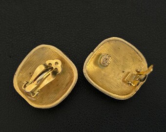 Boucles D'oreilles à Clips Vintage Années 80 - Cabochon Plastique Beige Irisé, Métal Doré - Occasion