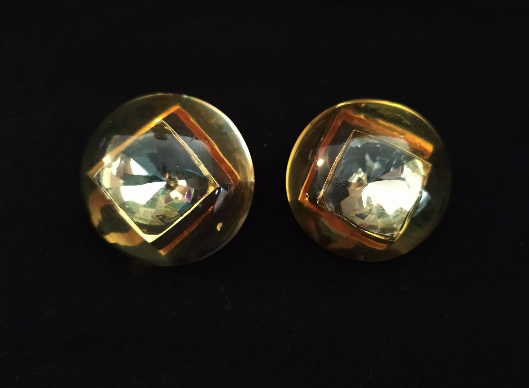 Boucles D'oreilles Clips Vintage Années 80 - Marque Georges Rech - Résine Dorée - Occasion