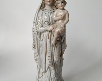 Figurine en porcelaine vintage Statue de la Sainte Vierge et de l'Enfant