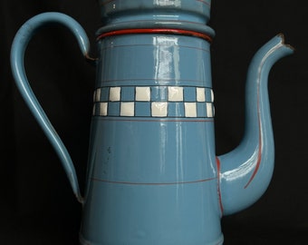 Antique Chequered Enameled Coffee Pot Enamelware French