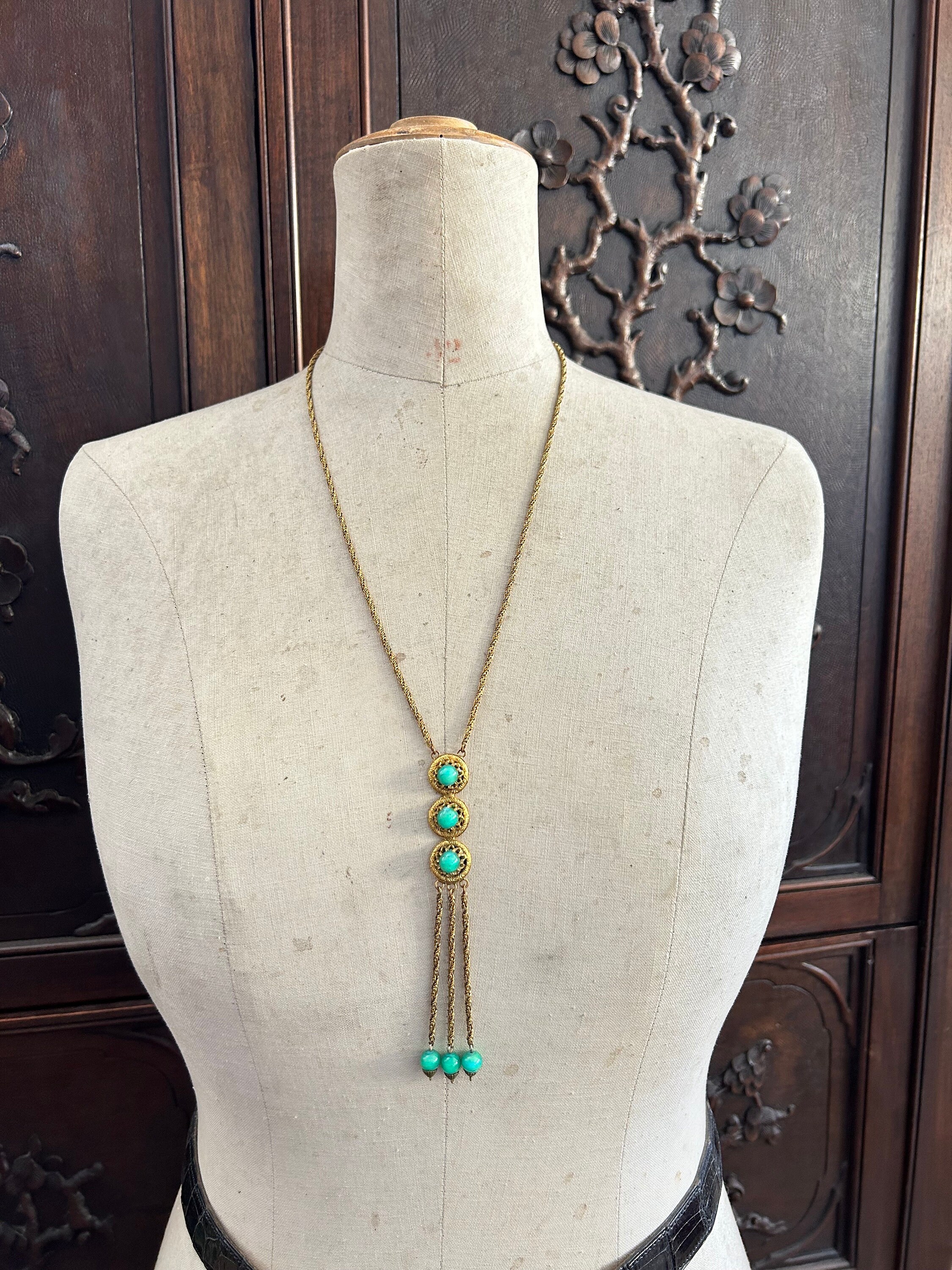 Collier Sautoir Vintage Créateur - Perles De Verre Et Breloque Métal Doré, Longueur Ajustable, Style Rétro élégant
