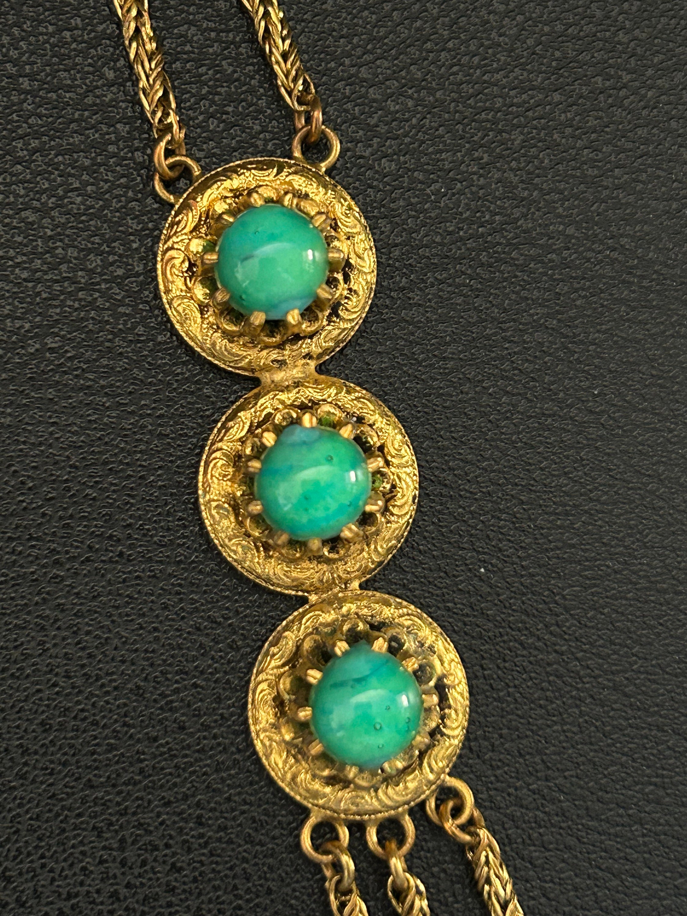 Collier Sautoir Vintage Doré Avec Perles De Verre Irisées - Occasion, Style Rétro Élégant