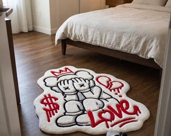 Hand Tufted Cartoon Rug, Street Art Love Rug, Abstract Character Area Rug, Custom Wool Rug, Modern Bedroom Decor, Aesthetic Floor Rug Gift
