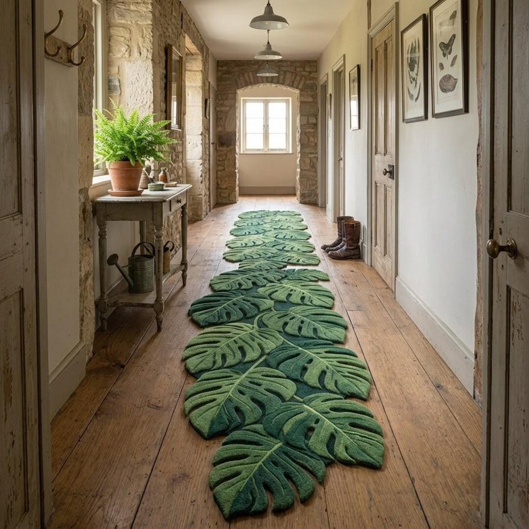 Monstera Leaf Rug Runner | Hand Tufted Green Botanical Rug | Tropical ...