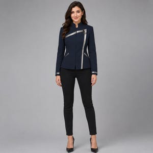 Giacca da donna in twill realizzata a mano, ispirata all'Accademia della Flotta Stellare, blazer per cosplay di fantascienza (blu navy).