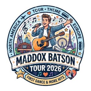 May include: A circular tour graphic for Maddox Batson's 2026 tour, featuring a cartoon of a man with a guitar and microphone. The design includes North America and Europe, with text reading "First Dance & More Hits."