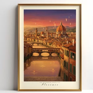 May include: Framed art print depicting a vibrant cityscape of Florence, Italy, with the Duomo prominently featured. The artwork showcases a warm color palette of oranges, reds, and blues, with the text "THE WIZARDING WORLD OF Florence" at the bottom.