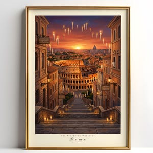 May include: A framed print depicting a sunset over Rome, featuring the Colosseum and a long staircase. Floating candles illuminate the sky. The print is in a gold frame and includes the text "The Wizarding World of Rome."