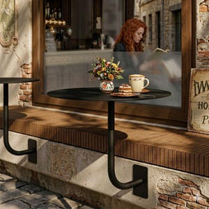 Puede incluir: Una mesa redonda de metal negro montada en una pared de piedra con un brazo de soporte curvo. Sobre la mesa hay un pequeño jarrón de cerámica con flores coloridas, un pastel pequeño y redondo en un plato y una taza beige con estampado floral.
