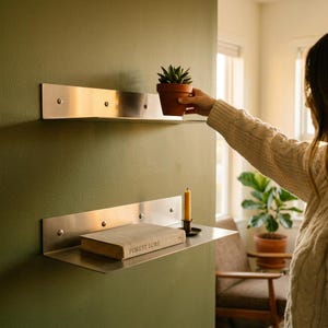 Pode incluir: Duas prateleiras flutuantes de aço inoxidável escovado montadas numa parede verde. A prateleira superior contém uma pequena suculenta em vaso. A prateleira inferior contém um livro intitulado Forest Lore e uma vela amarela.