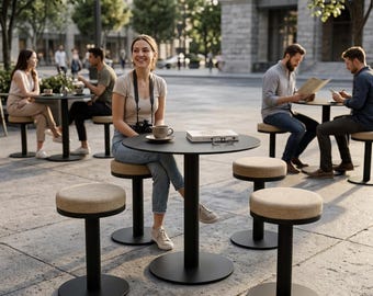 Scandinavian Round Bistro Table | Modern Steel Cafe Dining Furniture | Pedestal Metal Table