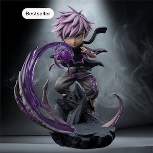 May include: A figurine of a character with purple hair and blue eyes, wearing a black outfit and gray pants. The figure is posed dynamically, with a purple energy effect emanating from the hands. The base is a rocky structure, and the word "Bestseller" is in the corner.
