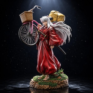 May include: A detailed anime-style figurine of a character with long white hair and dog ears, wearing a red kimono. The figure carries a pink bicycle with a brown wicker basket over one shoulder and a large yellow backpack, standing on a rocky base.