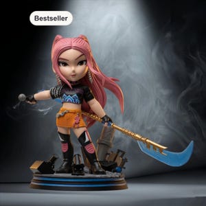 Puede incluir: Figura de un personaje femenino con cabello rosado, que viste un top negro, una falda naranja y botas negras. Sostiene un micrófono y un arma azul y dorada. La base es oscura con una etiqueta "Bestseller".
