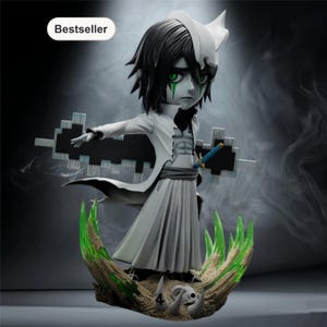 May include: A detailed figurine of a character with black hair, green eyes, and white and gray clothing. The figure is holding a blue sword and a shield. The base features green grass and a skull. The word "Bestseller" is in the top left corner.