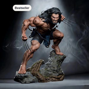 May include: A detailed statue of a muscular character with long black hair and metal claws. The figure is in a dynamic pose, standing on a rocky base. The word "Bestseller" is in a white oval in the upper left corner.