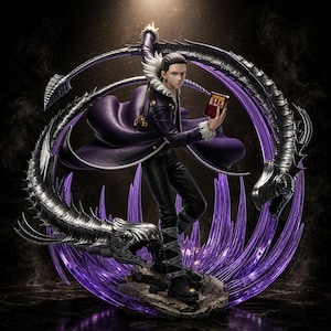 May include: A detailed anime-style figurine of a character wearing a dark purple coat with a fur-trimmed collar, black pants, and boots. The character holds a red book and is surrounded by two metallic dragon-like creatures and purple energy.