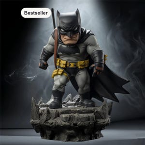 Puede incluir: Una figura de Batman con un traje gris y negro con un cinturón utilitario amarillo y una capa negra. La figura está de pie sobre una base rocosa. La palabra "Bestseller" está en un óvalo blanco en la esquina superior izquierda.