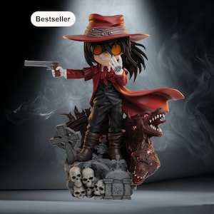 May include: A detailed figurine of a character in a red hat and coat, holding a gun. The figure stands on a base with skulls, a cross, and a multi-headed beast. The word "Bestseller" is in a white oval.