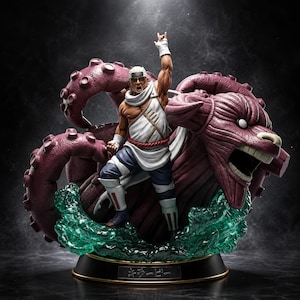May include: A detailed figurine of a muscular character with a white headband, sunglasses, and a white sleeveless tunic, standing atop a base of translucent green water. Behind the figure is a large, purple, tentacled creature with a beast-like head.