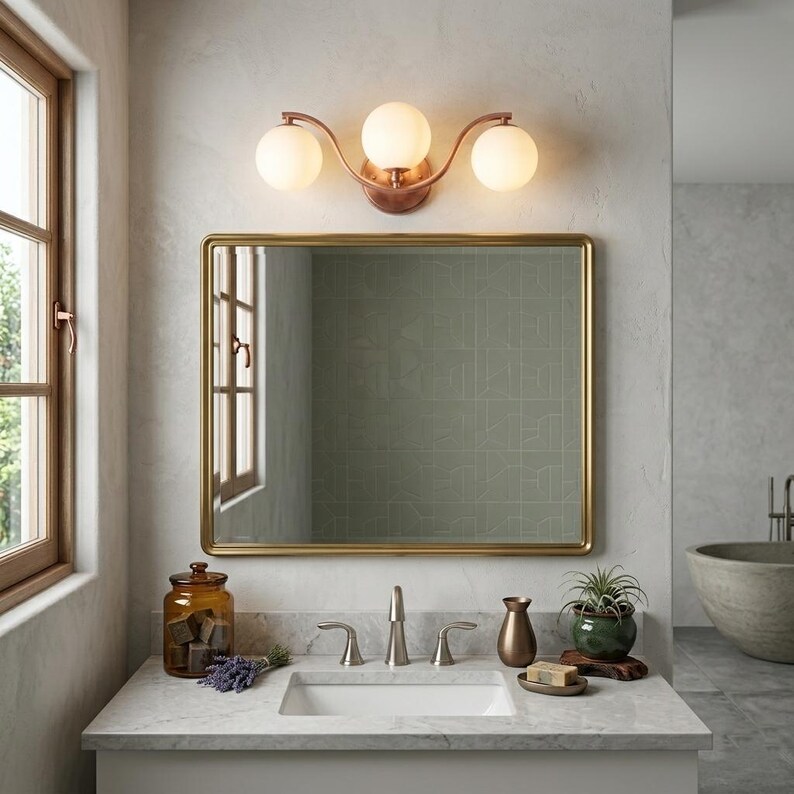 May include: A bathroom vanity with a rectangular gold-framed mirror, a three-light fixture, and a white sink. The vanity has a marble countertop with a jar, a vase, and a small plant. The wall is painted a light gray color.