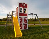 Station 3 Playset!  Features two stories, garage, shelves, swing beam with two or three swings, ladder, fireman's pole, slide, fire bell