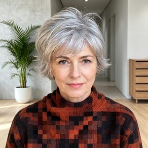 May include: A person with short, layered silver hair wearing a high-neck jumper featuring a dark brown, black, and burnt orange pixelated or checkered pattern. The jumper has a ribbed texture and a loose, comfortable fit around the neck area.