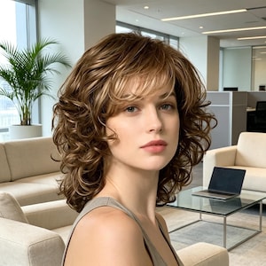 Peut inclure: Une perruque mi-longue aux cheveux bruns ondulés et dégradés, agrémentée de reflets blonds et d'une frange légère. La coiffure présente un aspect volumineux et texturé avec des boucles souples encadrant le visage dans une coupe naturelle.