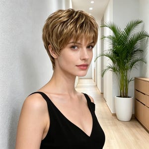 May include: A short, layered wig featuring a mix of light blonde and brown highlights. The hair is styled in a textured, piecey cut with soft bangs that frame the forehead. The wig has a natural appearance with varied tones of golden blonde and dark brown.