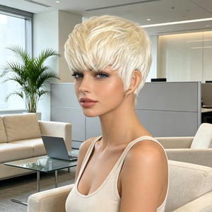 May include: A short, layered platinum blonde wig with a textured, piecey fringe and voluminous crown. The hair is styled in a cropped cut that tapers towards the nape, featuring a bright, cool-toned blonde colour with subtle darker root depth.