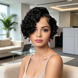 以下が含まれることがあります： サイドパートにスタイリングされた短い黒のカーリーヘアの人物。明るいピンクのビーズが付いた小さなぶら下がりタイプのイヤリングと、ライトベージュのタンクトップを着用している。髪はボリュームがあり、顔を縁取るようにカールがはっきりと出ている。イヤリングは小さな丸いピンクのビーズで構成されている。