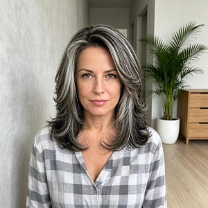 Puede incluir: Una camisa de manga larga con un patrón de cuadros grises y blancos, escote en V y cierre frontal de botones. La tela presenta un diseño de cuadrícula consistente en toda la prenda, ofreciendo una apariencia neutra y clásica.